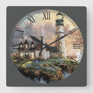 The Lighthouse Fine Art Roman Numeral Square Wall Clock