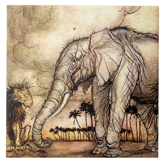 “The Lion and The Elephant” by Arthur Rackham Ceramic Tile (Front)