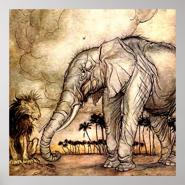 “The Lion and The Elephant” by Arthur Rackham Poster (Front)
