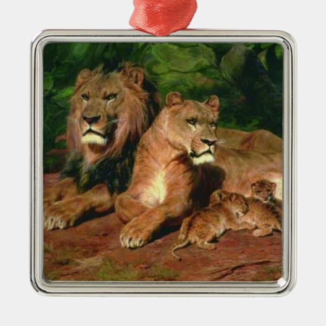 The Lion at Home (with Lioness and Lion Cubs) Metal Ornament (Front)