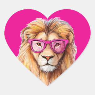 The Lion with Pink Glasses Dark Pink Background Heart Sticker
