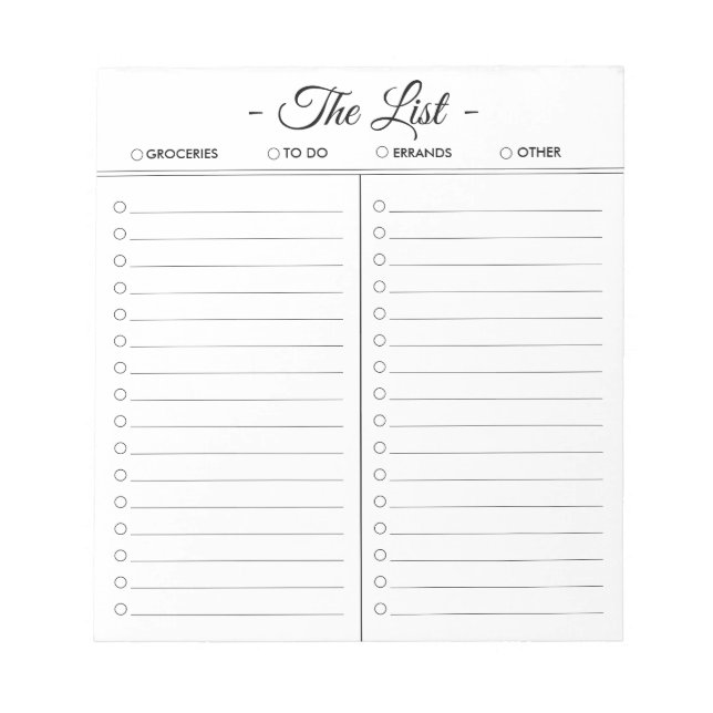 The List Customisable To Do List Notepad (Front)