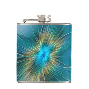 The little Beauty Modern Blue Gold Fractal Flower Hip Flask