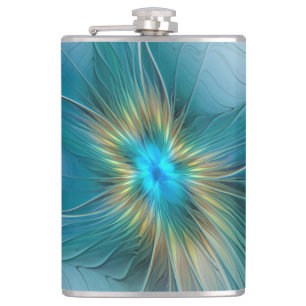 The little Beauty Modern Blue Gold Fractal Flower Hip Flask