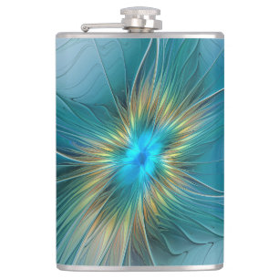 The little Beauty Modern Blue Gold Fractal Flower Hip Flask