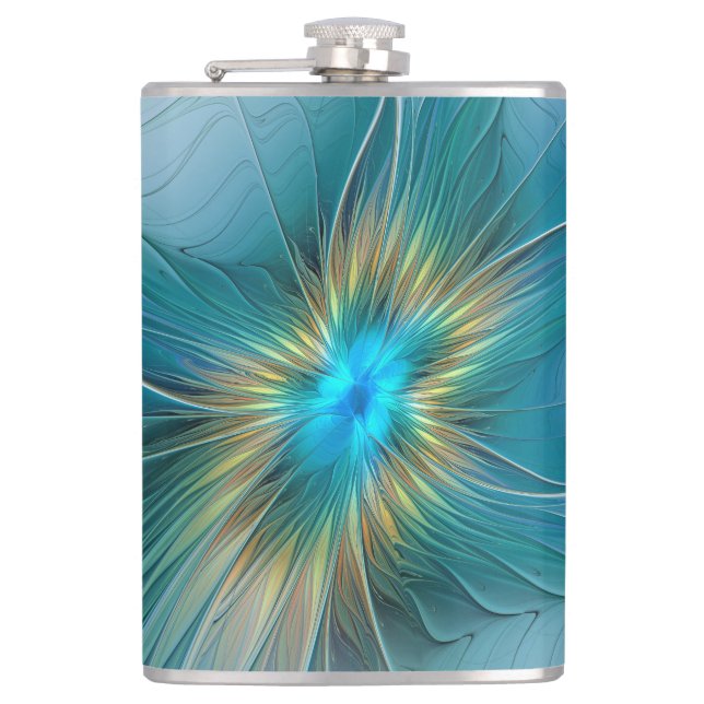 The little Beauty Modern Blue Gold Fractal Flower Hip Flask (Front)