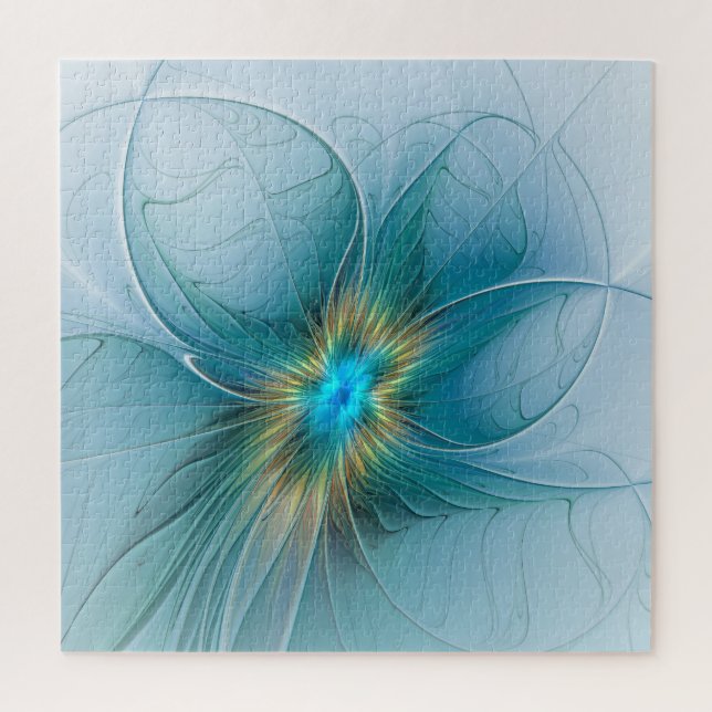 The little Beauty Modern Blue Gold Fractal Flower Jigsaw Puzzle (Vertical)