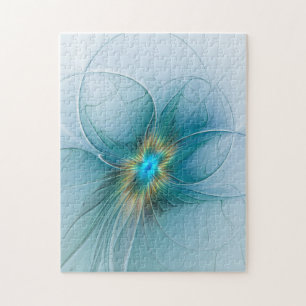 The little Beauty Modern Blue Gold Fractal Flower Jigsaw Puzzle