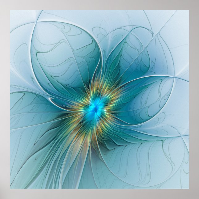 The little Beauty Modern Blue Gold Fractal Flower Poster (Front)