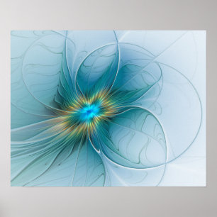 The little Beauty Modern Blue Gold Fractal Flower Poster