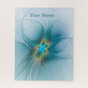 The little Beauty Modern Blue Gold Fractal Name Jigsaw Puzzle