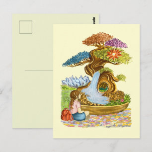 The little girl and her giant Bonsai. Postcard