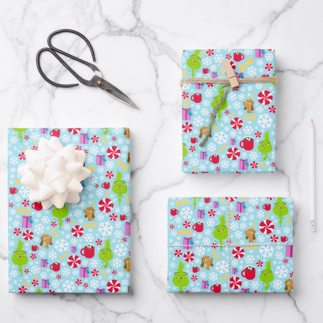 The Little Grinch | Blue Snowflake Christmas Patte Wrapping Paper Sheet (Front)