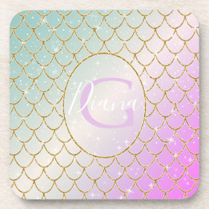 The Little Mermaid. Golden scales on a pink, turqu Coaster