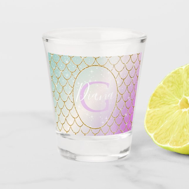 The Little Mermaid. Golden scales on a pink, turqu Shot Glass (Front)
