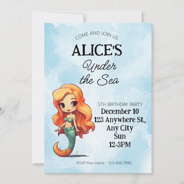The Little Mermaid Pool Party Birthday Invitation (Front)