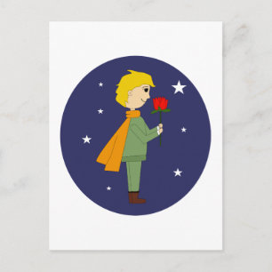 The little prince admiring his rose postcard