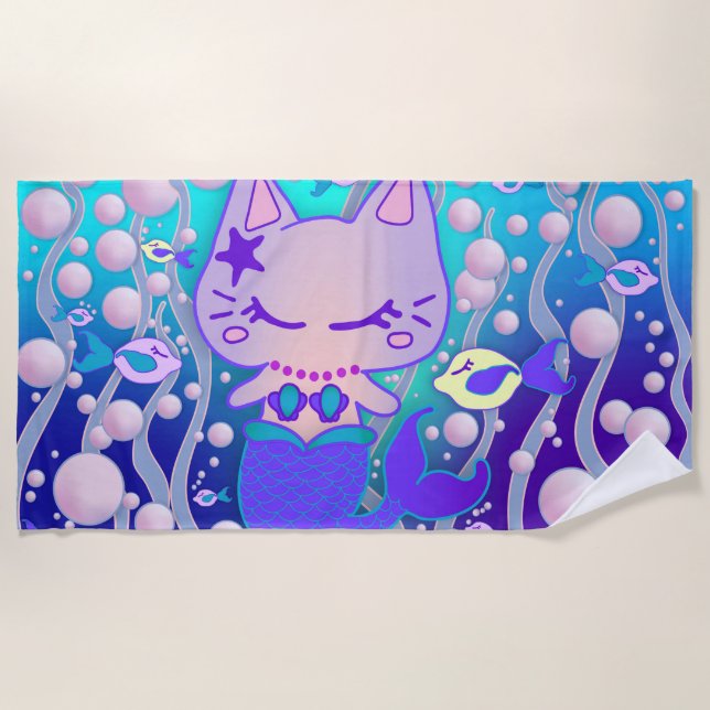 the little purrmaid underwater kawaii cat mermaid beach towel (Front)