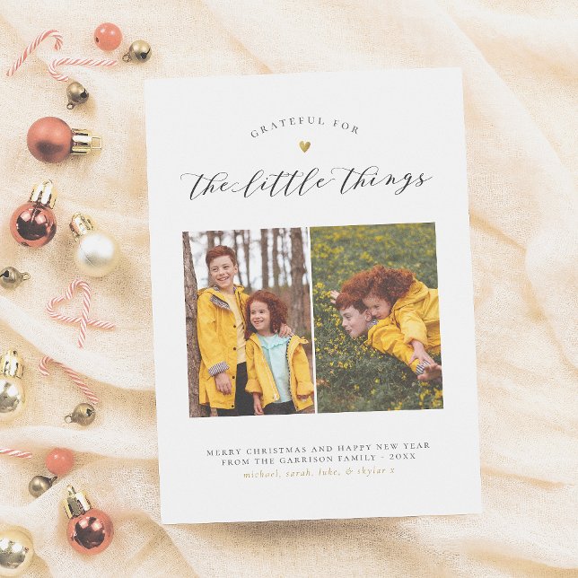 The Little Things Gold Heart Two Photos Christmas Holiday Card (Creator Uploaded)