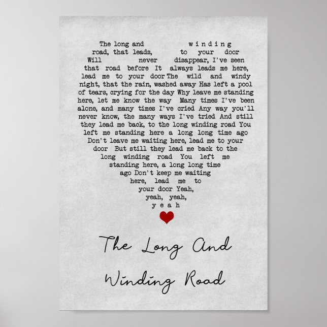 The Long And Winding Road Grey Heart Song Lyric Poster (Front)