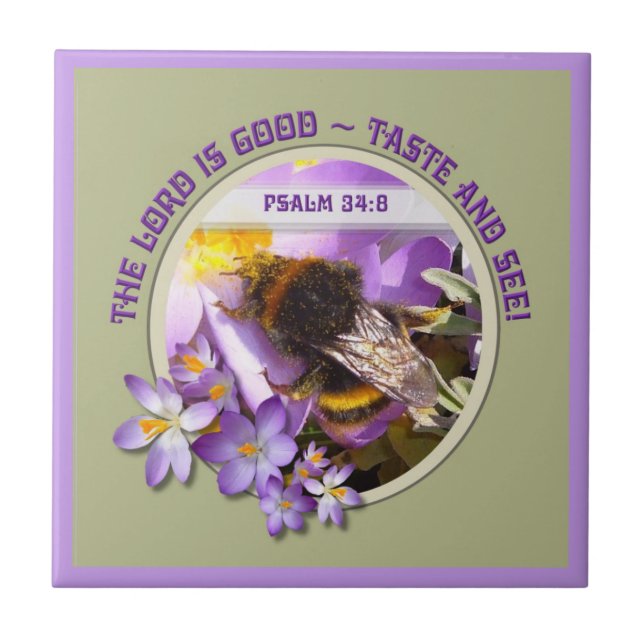 The Lord is good, Bee on crocus Ceramic Tile (Front)