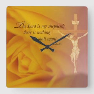 The Lord is Shepherd, Cross & Yellow Rose Square Wall Clock