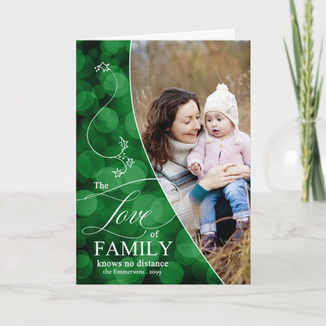 The Love of Family Green Bokeh Christmas Photo Holiday Card (Front)