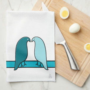 The Lovebirds in Aqua and Teal on White Tea Towel