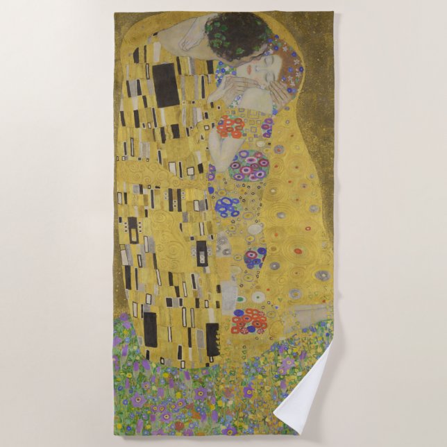 The Lovers Kissing Embrace by Gustav Klimt Beach Towel (Front)