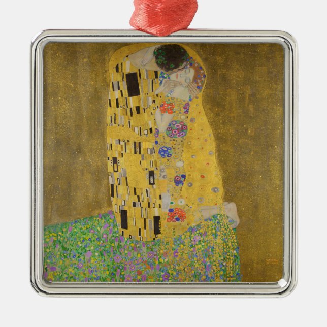 The Lovers Kissing Embrace by Gustav Klimt Metal Ornament (Front)
