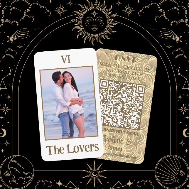 The Lovers Photo Tarot Card | Gold QR Code RSVP (Front And Back)