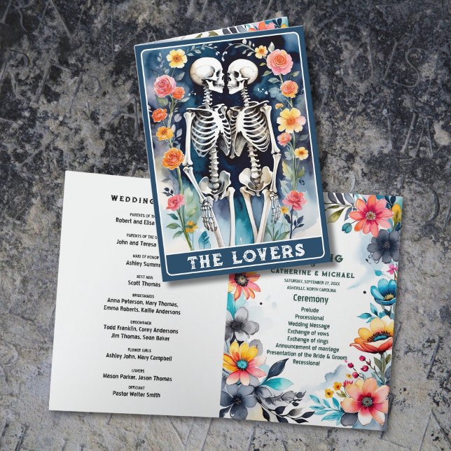 The Lovers Tarot Skeletons Floral Gothic Wedding  Program (Creator Uploaded)