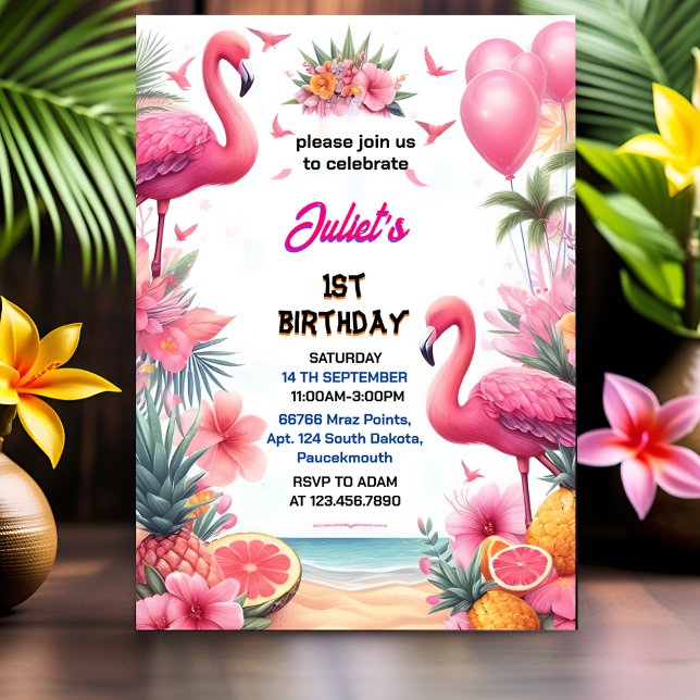 The Luau Fly Pink Flamingo Pool Party 1st birthday Invitation (Creator Uploaded)