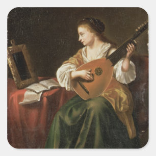 The Lute Player (oil on panel) Square Sticker