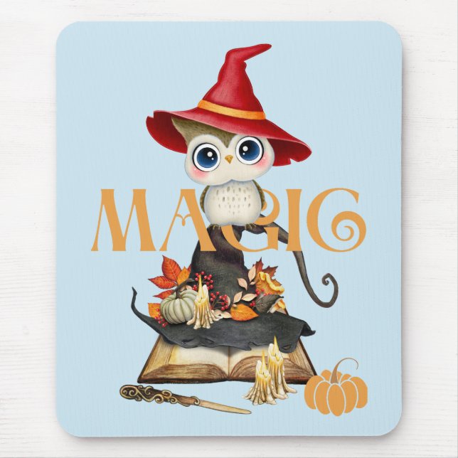 The Magic Witch Owl Fall Halloween Themed Mouse Pad (Front)