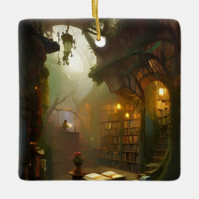 The Magical Bookstore Fantasy Art Personalised Ceramic Ornament (Front)