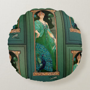 The Majestic Peacock by Élisabeth Sonrel Old Maste Round Cushion