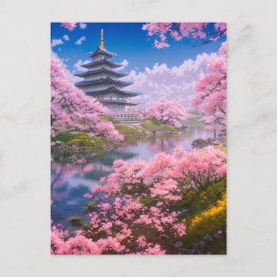 The Majestic Temple and Cherry Blossoms Postcard