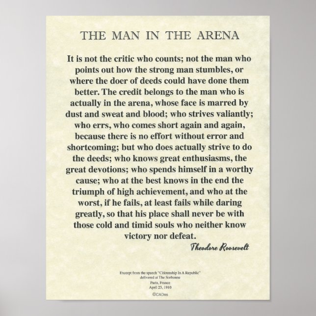 The Man In The Arena Quote by Theodore Roosevelt Poster (Front)