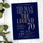 The Man The Myth The Legend 70th Birthday Party Invitation<br><div class="desc">His life has been a great adventure! This fabulous navy blue men's 70th birthday party invitation that says "The Man The Myth The Legend" in a classic font in silver and gold would be perfect for asking people to join you as you celebrate the man in your life's 70th birthday....</div>