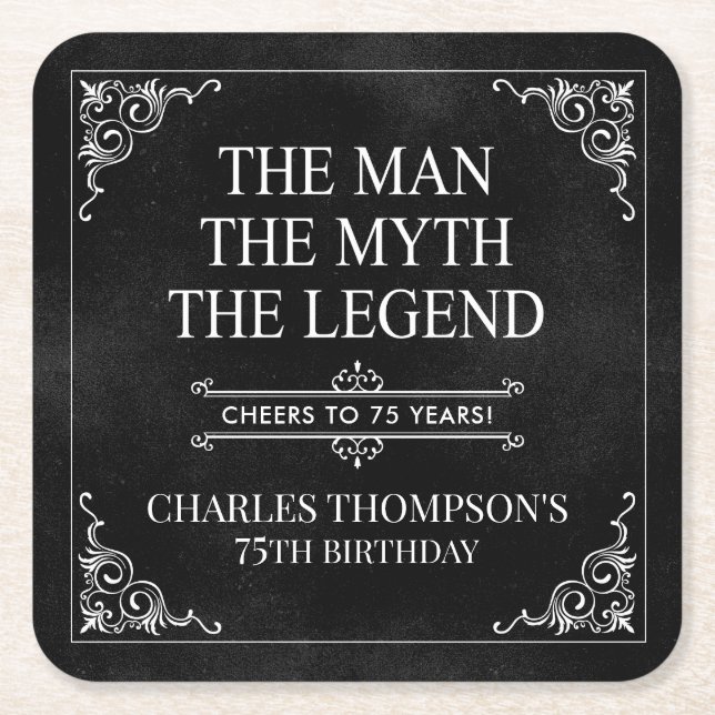 The Man The Myth The Legend 75th Birthday Black  Square Paper Coaster (Front)