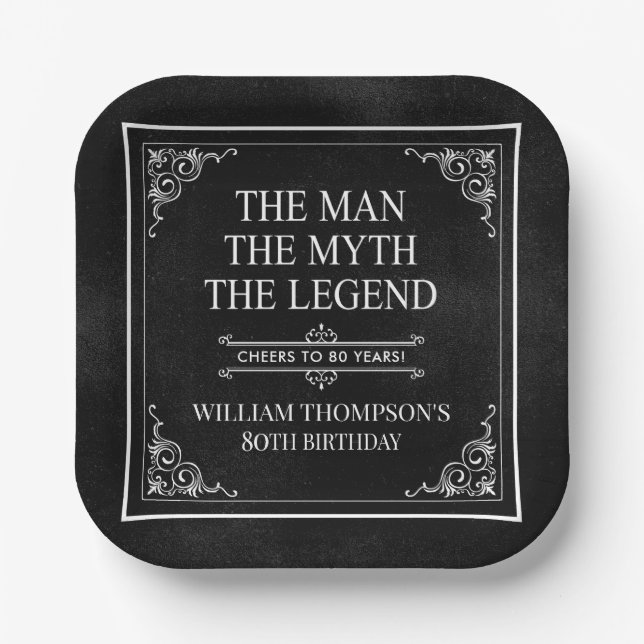 The Man The Myth The Legend 80th Birthday Black  Paper Plate (Front)