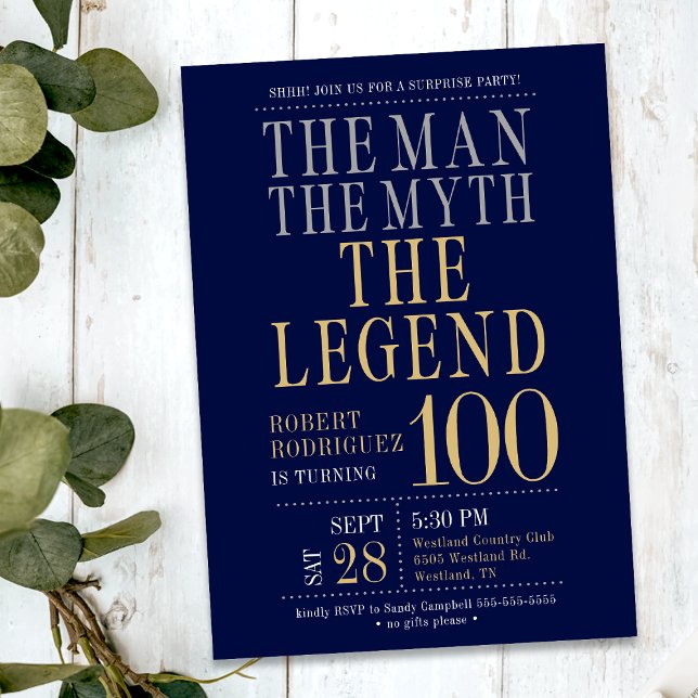The Man The Myth The Legend Surprise 100 Birthday Invitation (Creator Uploaded)