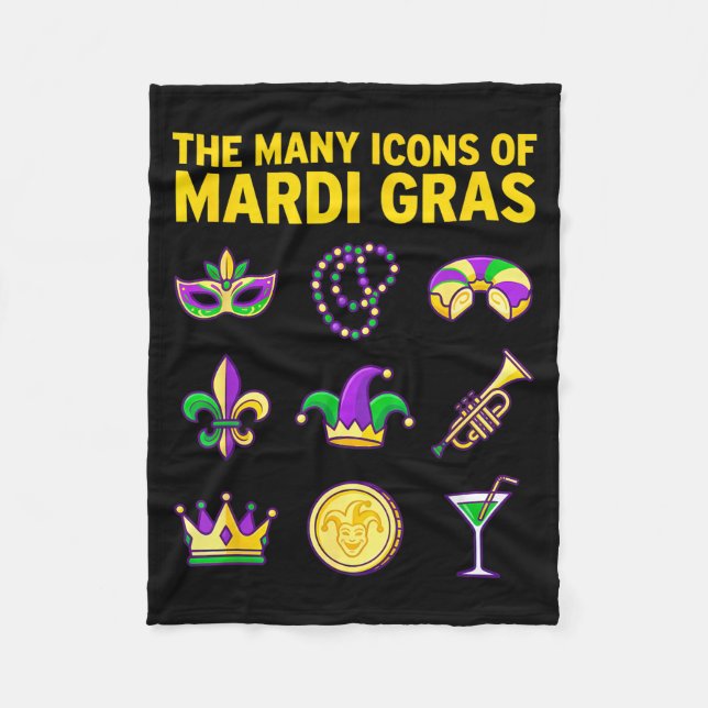 The Many Icons Of Mardi Gras Purple Green Graphic  Fleece Blanket (Front)