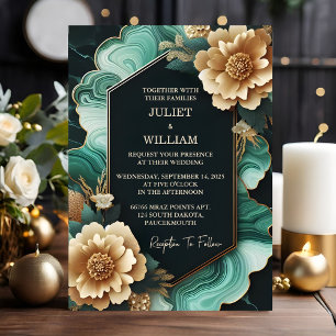 The Marble Monstera Emerald Green And Gold Wedding Invitation