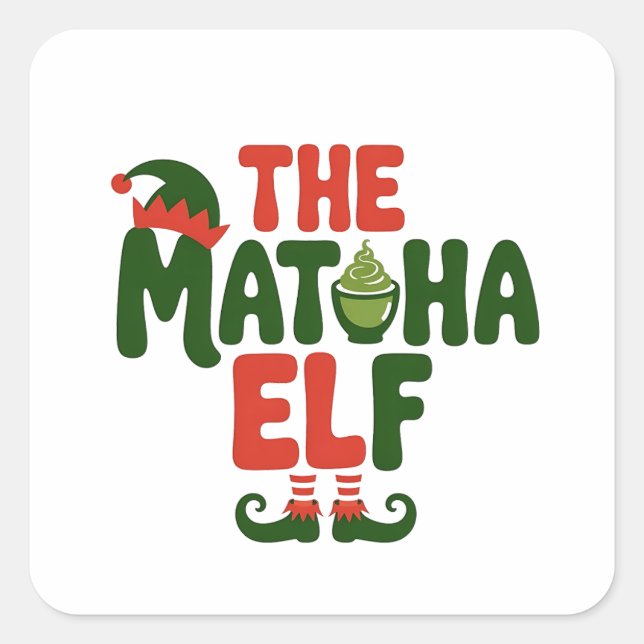 The Matcha Elf Funny Christmas Matcha Drink Square Sticker (Front)