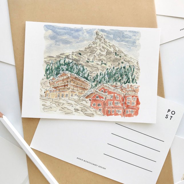 The Matterhorn Swiss Alps Watercolor Postcard (The Matterhorn Swiss Alps watercolor travel postcard.)