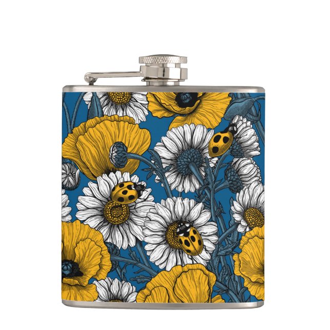 The meadow in yellow and blue hip flask (Front)