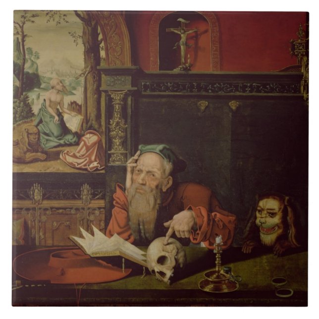 The Meditation of St. Jerome (oil on panel) Tile (Front)