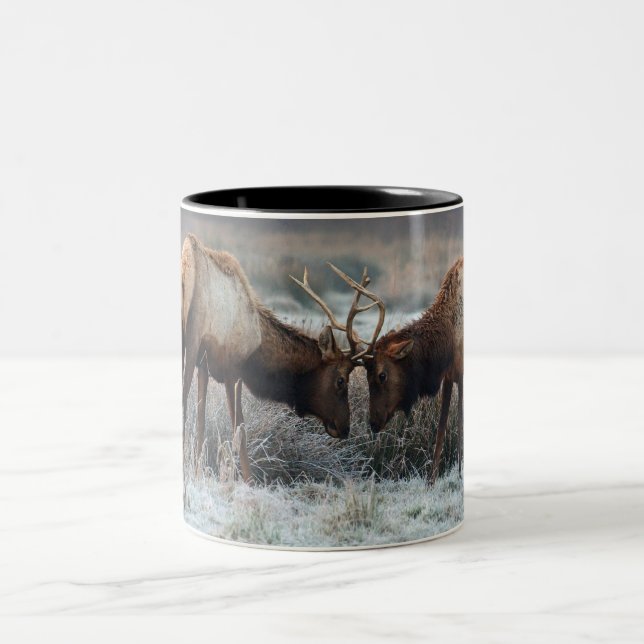 The Meeting of the Bulls  - Roosevelt Elk Two-Tone Coffee Mug (Center)